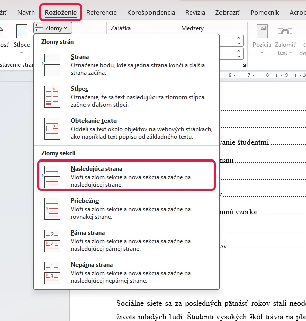 Otevřené menu Konce na kartě Rozložení ve Wordu se zvýrazněnou volbou Další stránka v sekci Konce oddílů
